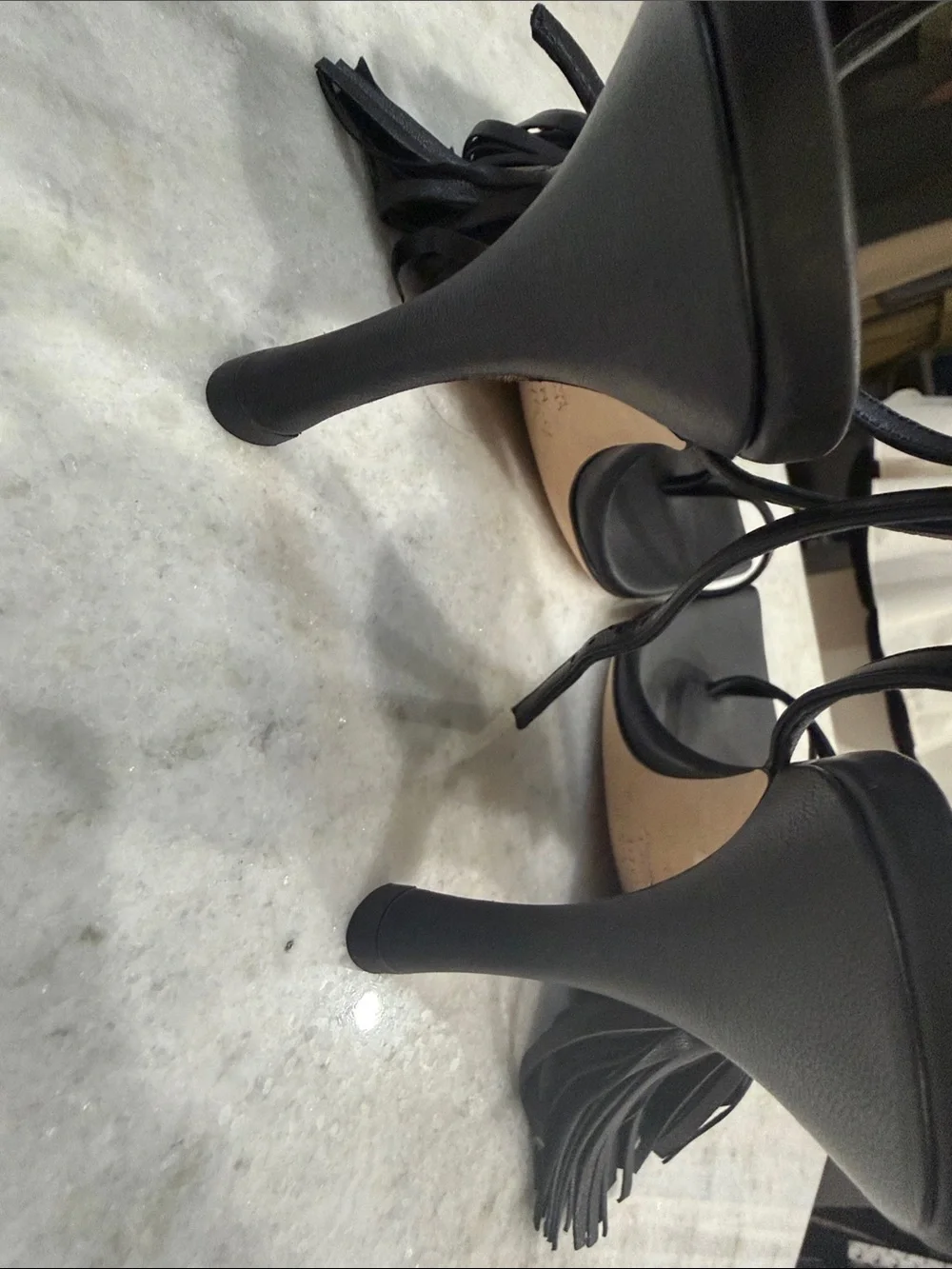 Fringed Black Leather Square-Toe Ankle-Strap Heels